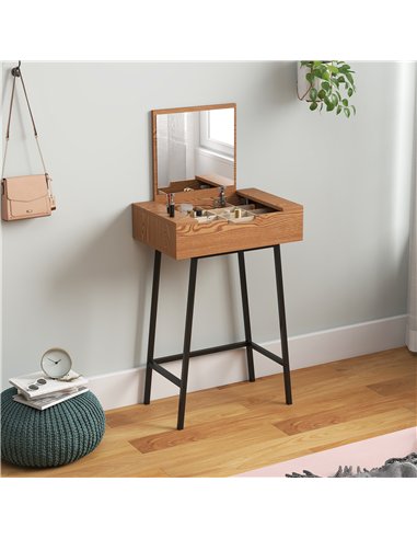 HOMCOM Vanity Desk with Flip-Up Mirror, Industrial Dressing Table with 16 Small Compartments for Bedroom, Natural Wood Effect