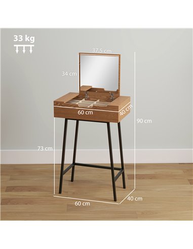 HOMCOM Vanity Desk with Flip-Up Mirror, Industrial Dressing Table with 16 Small Compartments for Bedroom, Natural Wood Effect