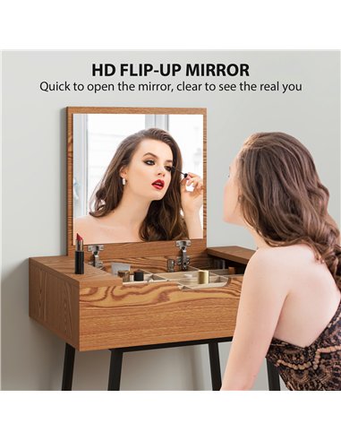 HOMCOM Vanity Desk with Flip-Up Mirror, Industrial Dressing Table with 16 Small Compartments for Bedroom, Natural Wood Effect