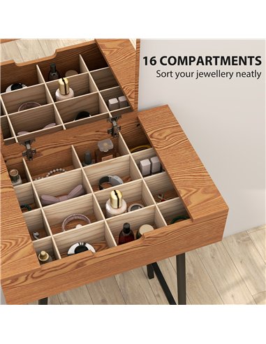 HOMCOM Vanity Desk with Flip-Up Mirror, Industrial Dressing Table with 16 Small Compartments for Bedroom, Natural Wood Effect