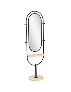 HOMCOM Oval Full Length Mirror with Wooden Tray and 4 Hooks - Black
