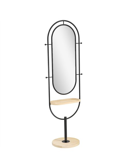 HOMCOM Oval Full Length Mirror with Wooden Tray and 4 Hooks - Black - pic 166707 | FastDaddyshop