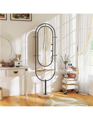 HOMCOM Oval Full Length Mirror with Wooden Tray and 4 Hooks - Black