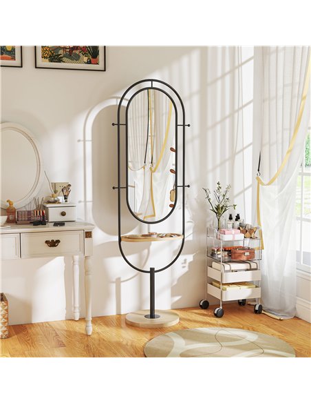 HOMCOM Oval Full Length Mirror with Wooden Tray and 4 Hooks - Black - pic 166708 | FastDaddyshop