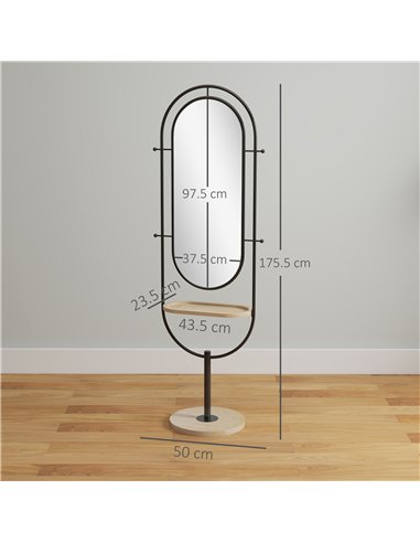 HOMCOM Oval Full Length Mirror with Wooden Tray and 4 Hooks - Black