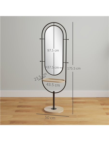 HOMCOM Oval Full Length Mirror with Wooden Tray and 4 Hooks - Black - pic 166709 | FastDaddyshop
