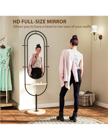 HOMCOM Oval Full Length Mirror with Wooden Tray and 4 Hooks - Black