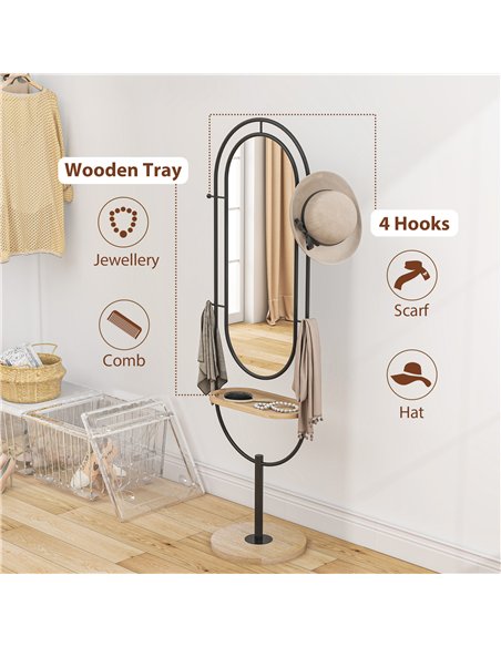 HOMCOM Oval Full Length Mirror with Wooden Tray and 4 Hooks - Black - pic 166711 | FastDaddyshop