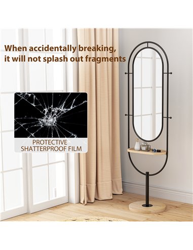 HOMCOM Oval Full Length Mirror with Wooden Tray and 4 Hooks - Black