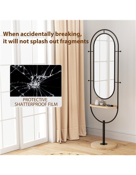 HOMCOM Oval Full Length Mirror with Wooden Tray and 4 Hooks - Black - pic 166713 | FastDaddyshop