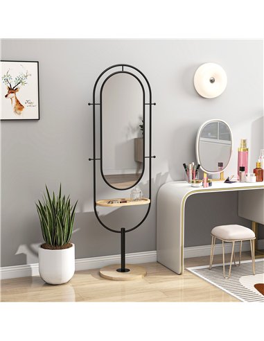 HOMCOM Oval Full Length Mirror with Wooden Tray and 4 Hooks - Black