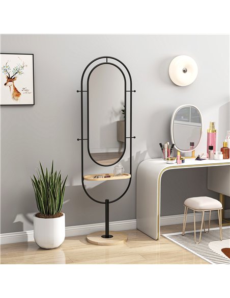 HOMCOM Oval Full Length Mirror with Wooden Tray and 4 Hooks - Black - pic 166714 | FastDaddyshop