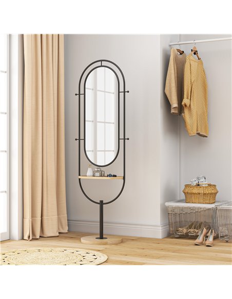 HOMCOM Oval Full Length Mirror with Wooden Tray and 4 Hooks - Black - pic 166715 | FastDaddyshop