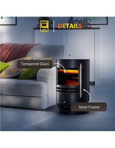 HOMCOM 1000/2000W Freestanding Electric Fireplace, Indoor Heater Fire Stove with Log Burner Effect Flame, Thermostat Control