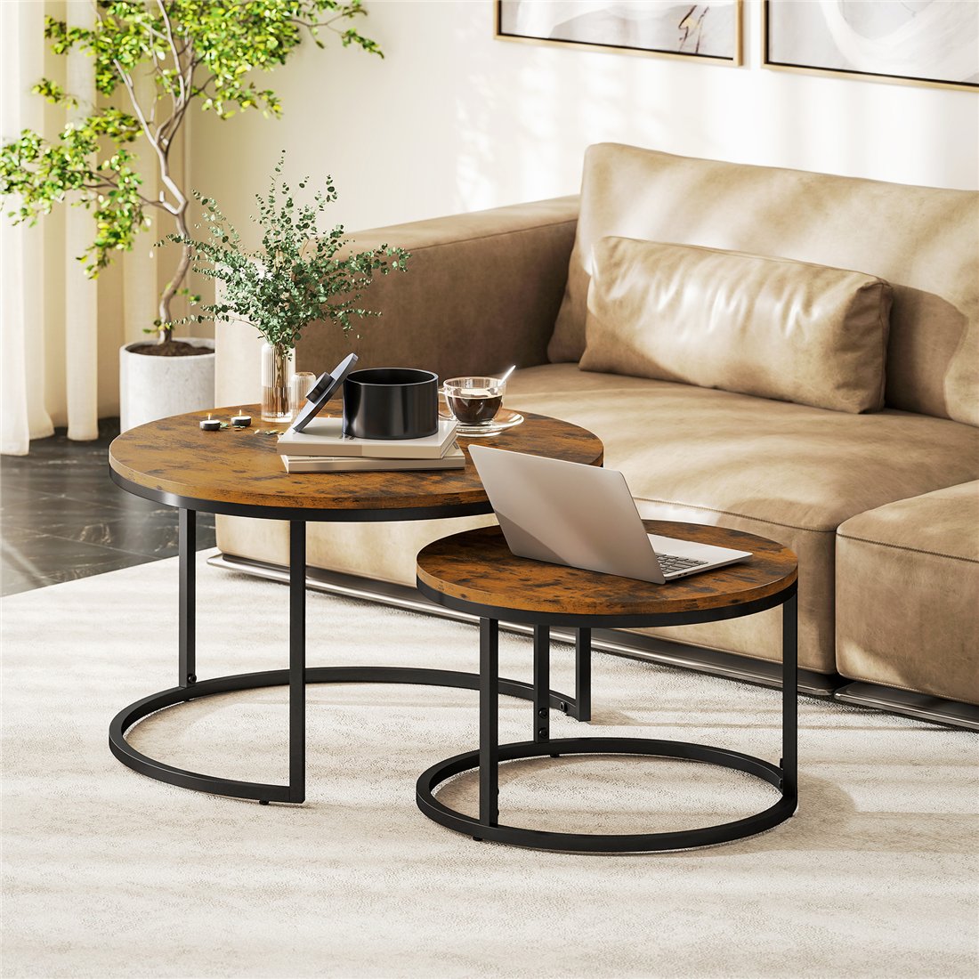 HOMCOM Rustic Brown Wood-Effect Stacking Tables Set 833-873V80RB pic1
