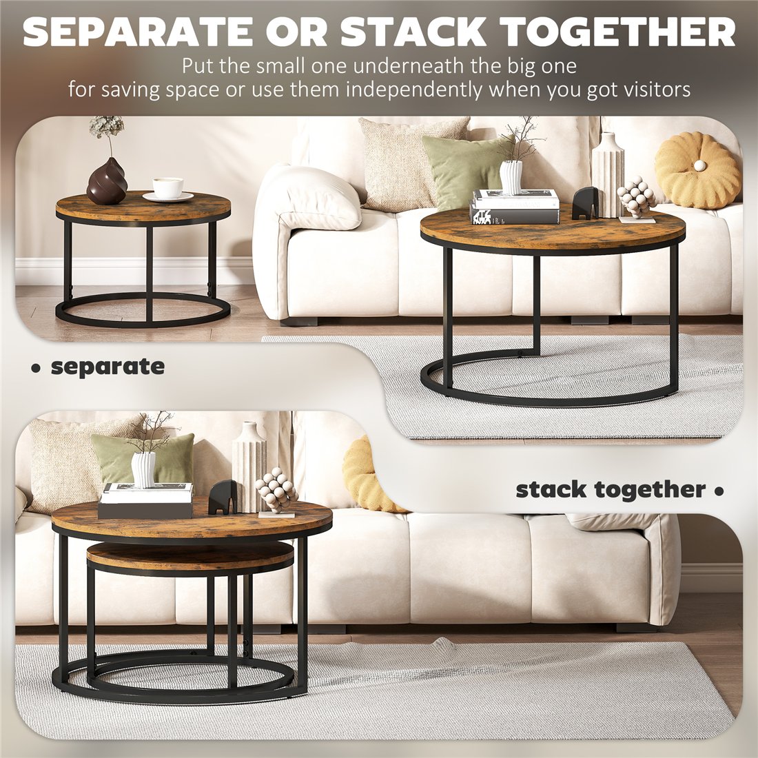 HOMCOM Rustic Brown Wood-Effect Stacking Tables Set 833-873V80RB pic2