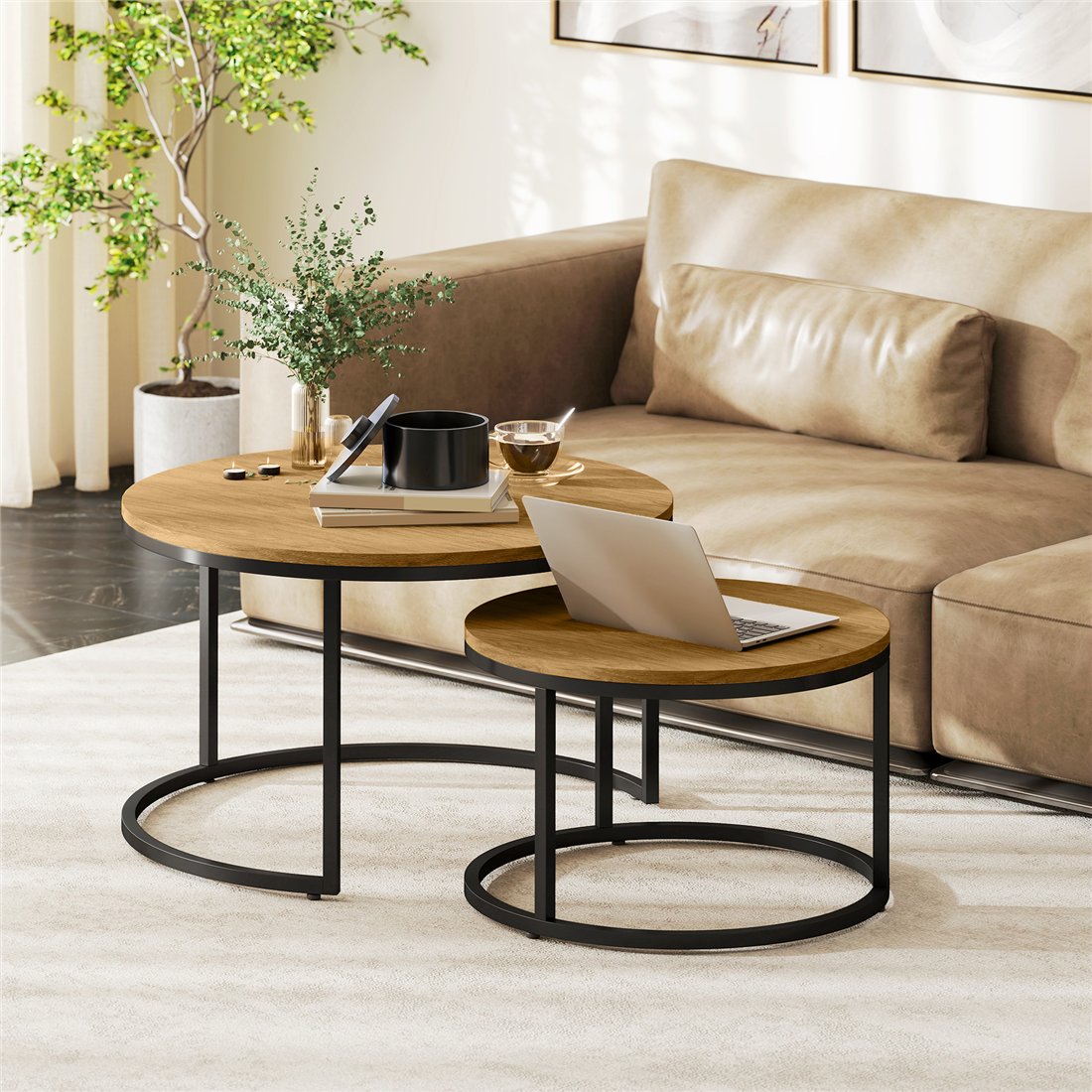 HOMCOM Set of Two Wood-Effect Stacking Tables Brown 833-873V80BN pic1