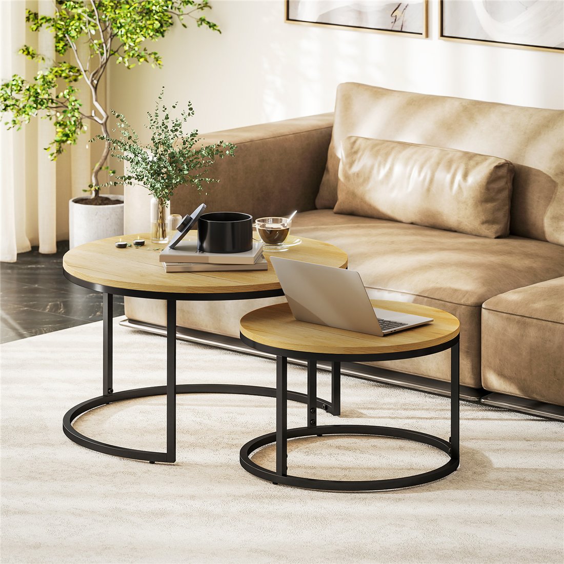 HOMCOM Set of Two Wood-Effect Stacking Tables Natural 833-873V80ND pic1