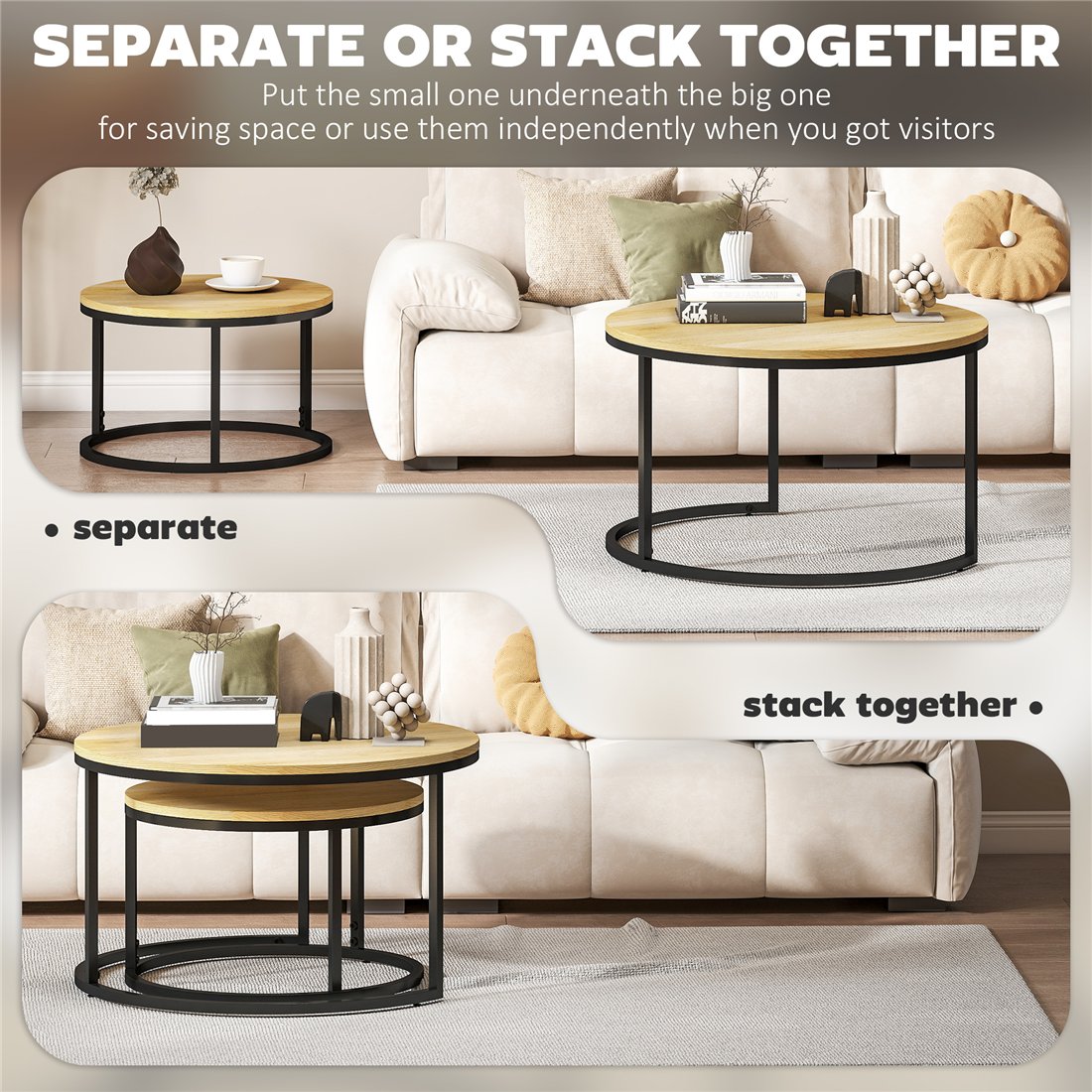 HOMCOM Set of Two Wood-Effect Stacking Tables Natural 833-873V80ND pic2