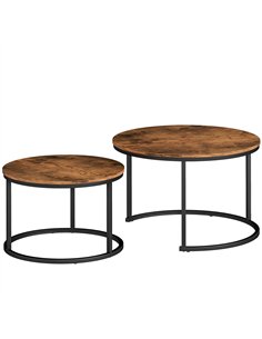 HOMCOM Coffee Table Set of 2, Round Nest of Tables with Metal Frame, Modern Side Tables for Living Room, Rustic Brown