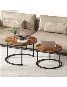HOMCOM Coffee Table Set of 2, Round Nest of Tables with Metal Frame, Modern Side Tables for Living Room, Rustic Brown 2