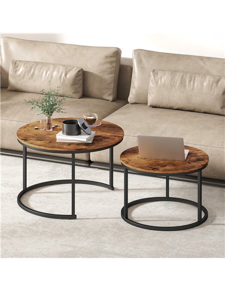 HOMCOM Coffee Table Set of 2, Round Nest of Tables with Metal Frame, Modern Side Tables for Living Room, Rustic Brown - pic 166781 | FastDaddyshop