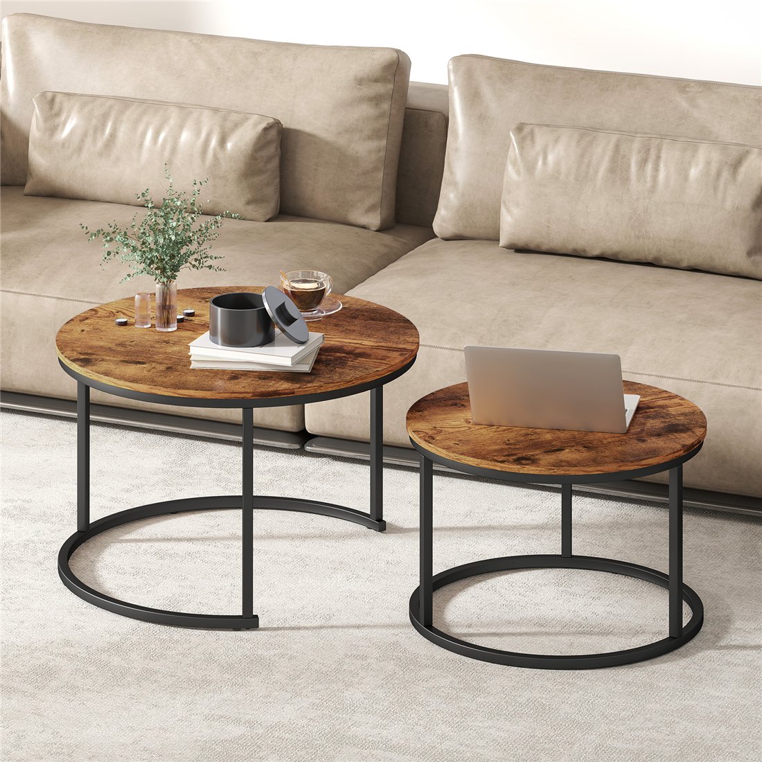 HOMCOM Rustic Brown Round Nesting Coffee Tables Set of 2 with Metal Frame 839-589V00RB pic1