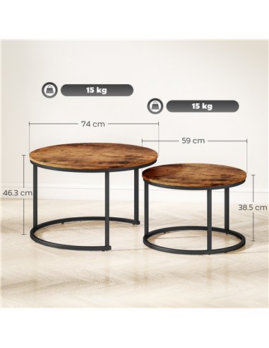 HOMCOM Coffee Table Set of 2, Round Nest of Tables with Metal Frame, Modern Side Tables for Living Room, Rustic Brown