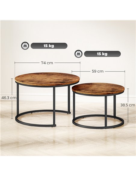 HOMCOM Coffee Table Set of 2, Round Nest of Tables with Metal Frame, Modern Side Tables for Living Room, Rustic Brown - pic 166782 | FastDaddyshop