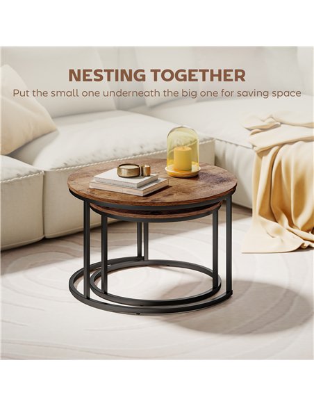 HOMCOM Coffee Table Set of 2, Round Nest of Tables with Metal Frame, Modern Side Tables for Living Room, Rustic Brown - pic 166783 | FastDaddyshop