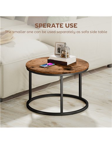 HOMCOM Coffee Table Set of 2, Round Nest of Tables with Metal Frame, Modern Side Tables for Living Room, Rustic Brown