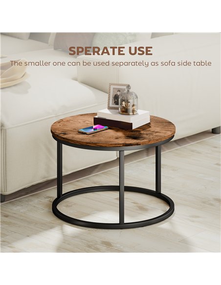 HOMCOM Coffee Table Set of 2, Round Nest of Tables with Metal Frame, Modern Side Tables for Living Room, Rustic Brown - pic 166784 | FastDaddyshop