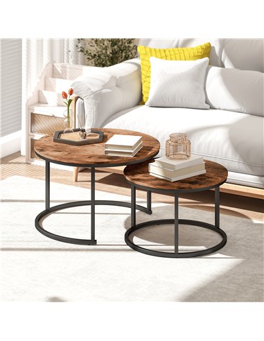 HOMCOM Coffee Table Set of 2, Round Nest of Tables with Metal Frame, Modern Side Tables for Living Room, Rustic Brown