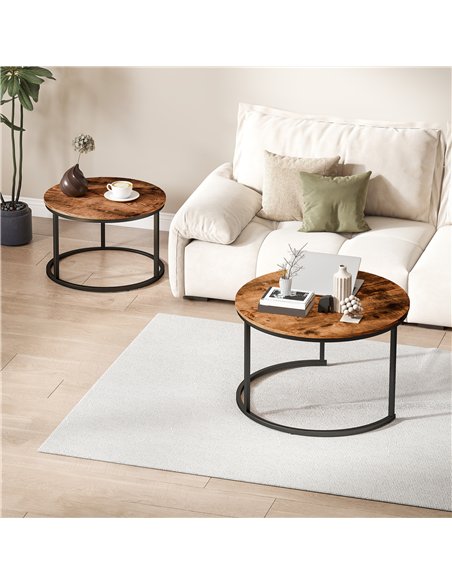 HOMCOM Coffee Table Set of 2, Round Nest of Tables with Metal Frame, Modern Side Tables for Living Room, Rustic Brown - pic 166787 | FastDaddyshop