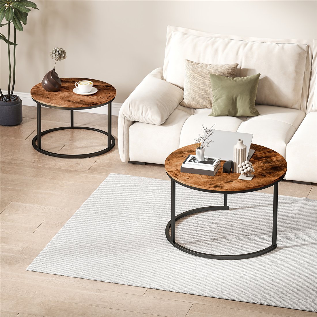 HOMCOM Rustic Brown Round Nesting Coffee Tables Set of 2 with Metal Frame 839-589V00RB pic2