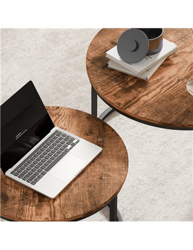 HOMCOM Coffee Table Set of 2, Round Nest of Tables with Metal Frame, Modern Side Tables for Living Room, Rustic Brown