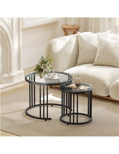 HOMCOM Round Coffee Tables Set of 2, Nesting Tables with Tempered Glass Top and Steel Frame, Black