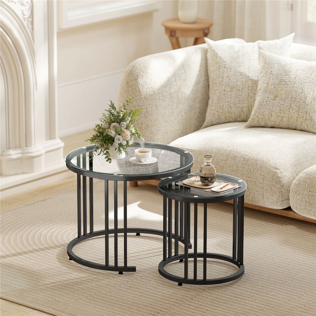 HOMCOM Nesting Round Coffee Tables Set of 2 with Tempered Glass Black 839-809V00BK pic1