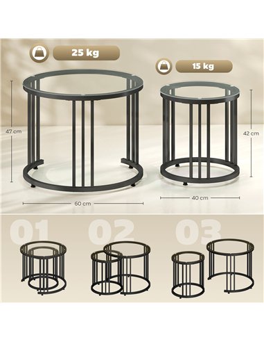 HOMCOM Round Coffee Tables Set of 2, Nesting Tables with Tempered Glass Top and Steel Frame, Black