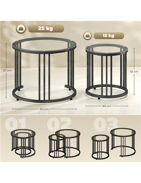 HOMCOM Round Coffee Tables Set of 2, Nesting Tables with Tempered Glass Top and Steel Frame, Black - pic 166791 | FastDaddyshop