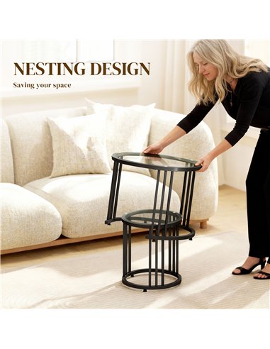HOMCOM Round Coffee Tables Set of 2, Nesting Tables with Tempered Glass Top and Steel Frame, Black