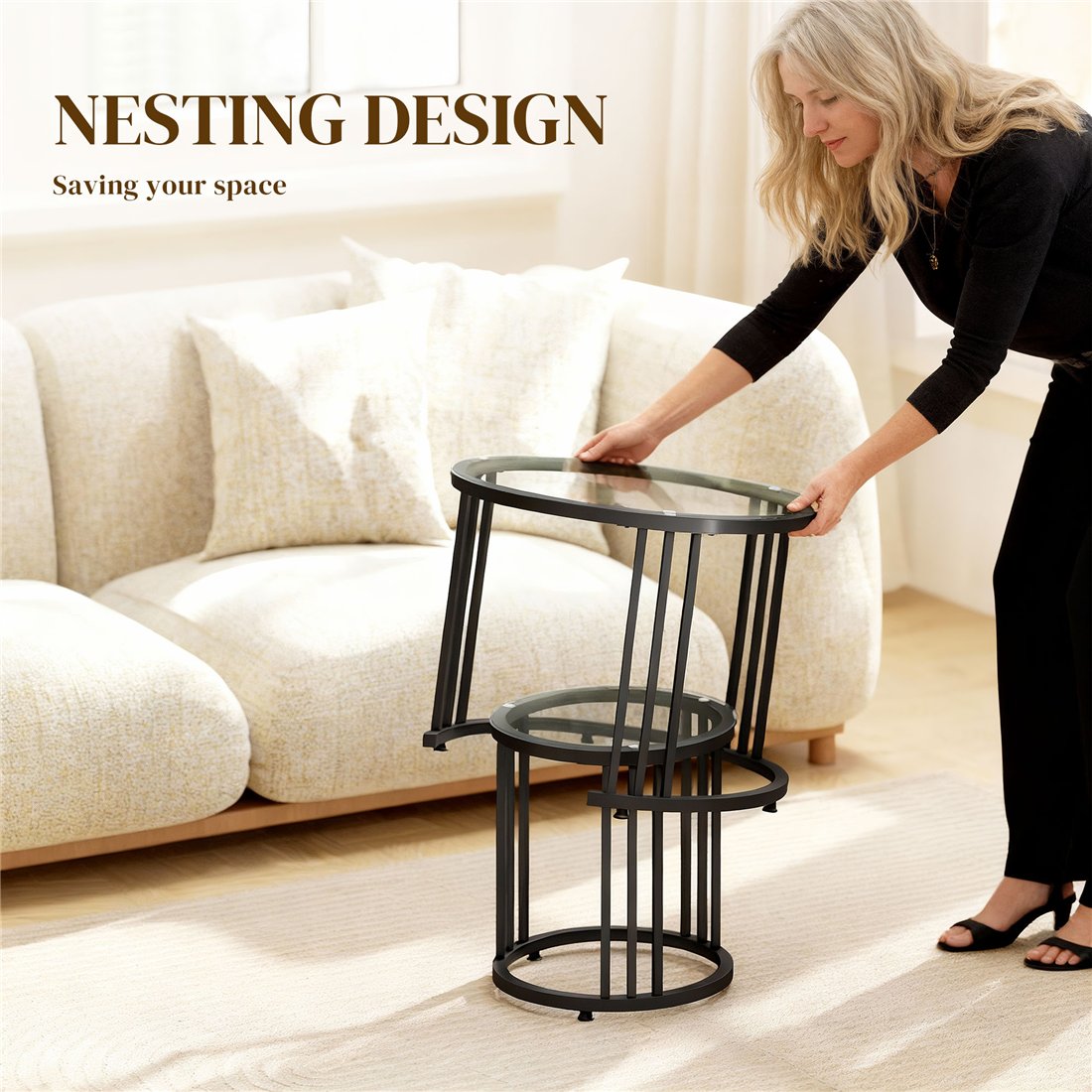 HOMCOM Nesting Round Coffee Tables Set of 2 with Tempered Glass Black 839-809V00BK pic2