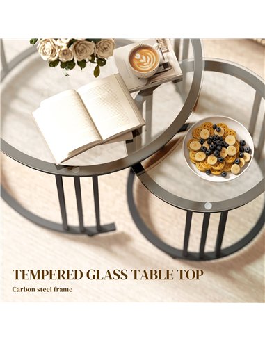 HOMCOM Round Coffee Tables Set of 2, Nesting Tables with Tempered Glass Top and Steel Frame, Black