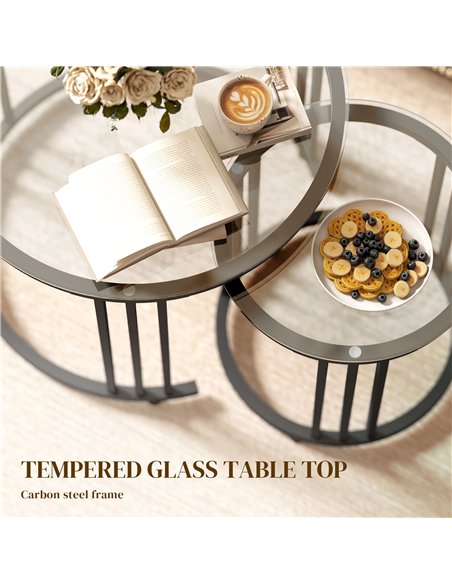 HOMCOM Round Coffee Tables Set of 2, Nesting Tables with Tempered Glass Top and Steel Frame, Black - pic 166793 | FastDaddyshop