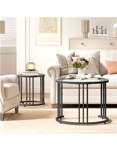 HOMCOM Round Coffee Tables Set of 2, Nesting Tables with Tempered Glass Top and Steel Frame, Black
