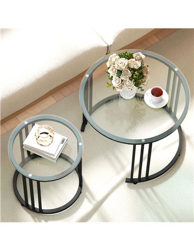 HOMCOM Round Coffee Tables Set of 2, Nesting Tables with Tempered Glass Top and Steel Frame, Black