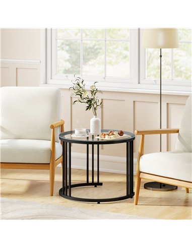 HOMCOM Round Coffee Tables Set of 2, Nesting Tables with Tempered Glass Top and Steel Frame, Black