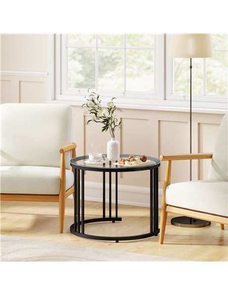 HOMCOM Round Coffee Tables Set of 2, Nesting Tables with Tempered Glass Top and Steel Frame, Black - pic 166797 | FastDaddyshop