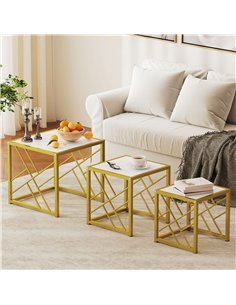 HOMCOM Nesting Coffee Tables, Set of 3 Square Side Tables with Black Metal Frame, for Living Room, Bedroom and Office, White 2