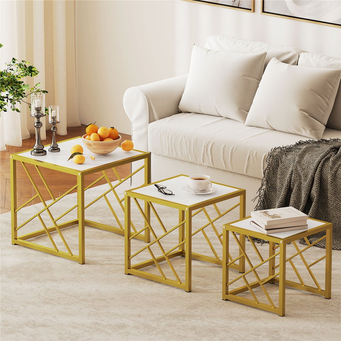 HOMCOM Nesting Coffee Tables Set of 3 with Black Metal Frame White 839-062V00WT pic1